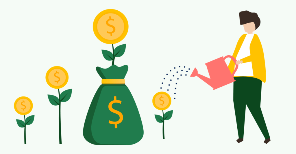 An inestor is watering plants that yield money instead of flowers. One of the plants grows in a green sack that contains money for ESG investments.