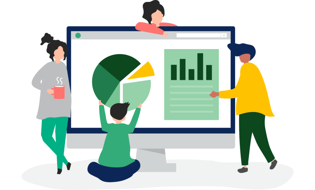 A screen displays sustainability data and analytics. A person is walking in front of the green screen, another one is drinking coffe on the other side and a guy sitting at the bottom is placing a sustainability chart in the middle of the screen. They are fixing the sustainability performance of their company to comply with the EU taxonomy.