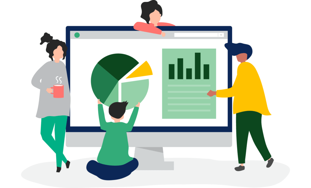 Four people hold ESG analytics dashboards in front of a green computer screen. One hold a pie chart with environmental, social and governance metrics while another holds a graph of ESG investments performance over time.