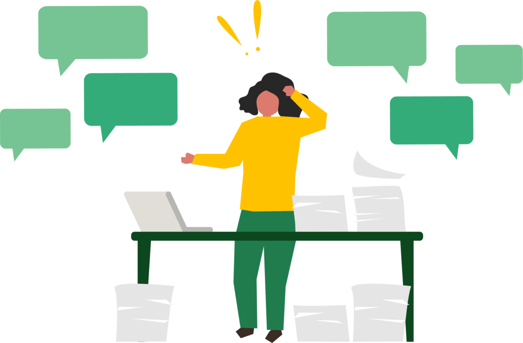 A woman tries to calculate supply chain emissions for her company. Sheets with carbon emission calculations are all over and many questions about sustainability metrics, emission factors and sustainable databases remain unanswered.