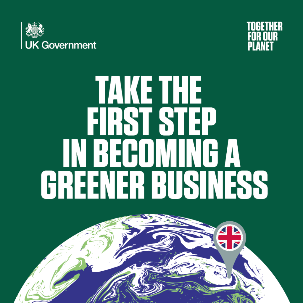 The planet earth stands below a green sky. The flag of the UK government stands out to emphasize the launch of the SME Climate Hub UK, an initiative to help small and medium enteprises in the UK to achieve net zero emissions and transform their business to be more sustainable.