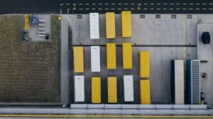 An overhead picture of cargo containers at a loading dock